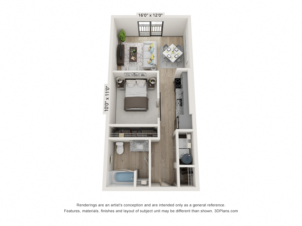 Floor plan for 1 bed, 1 bath, 603 sqft